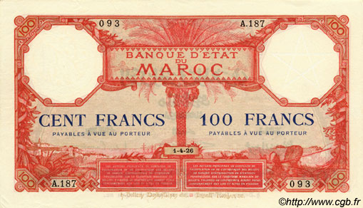 100 Francs MOROCCO  1926 P.14 XF+