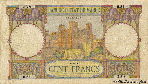 100 Francs MAROKKO  1928 P.20 fS