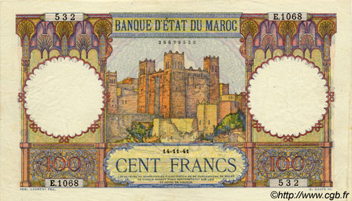 100 Francs MAROKKO  1941 P.20 VZ