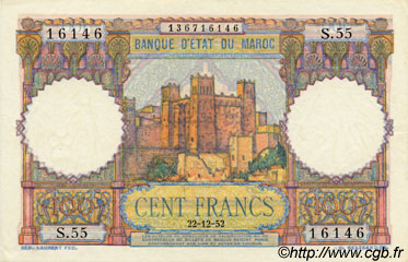 100 Francs MAROKKO  1952 P.45 fST+