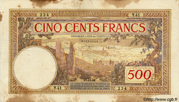 500 Francs MAROCCO  1932 P.15a MB