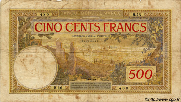 500 Francs MOROCCO  1937 P.15a VG