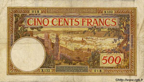 500 Francs MAROKKO  1946 P.15b S