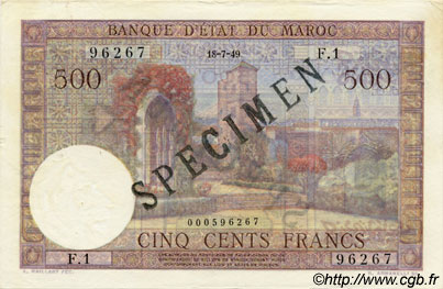 500 Francs MAROKKO  1949 P.46s fST+