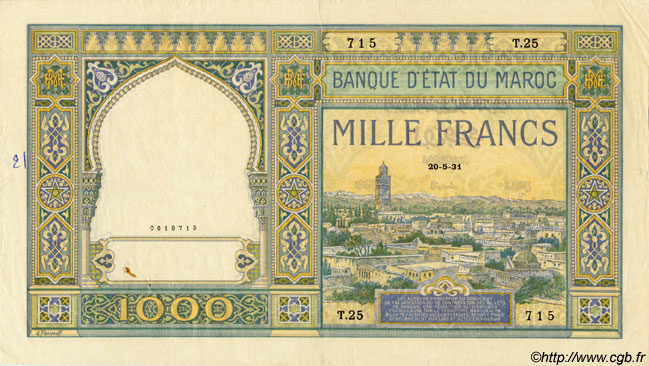 1000 Francs MAROKKO  1931 P.16b fVZ