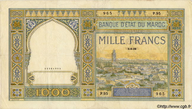 1000 Francs MAROKKO  1939 P.16c fVZ