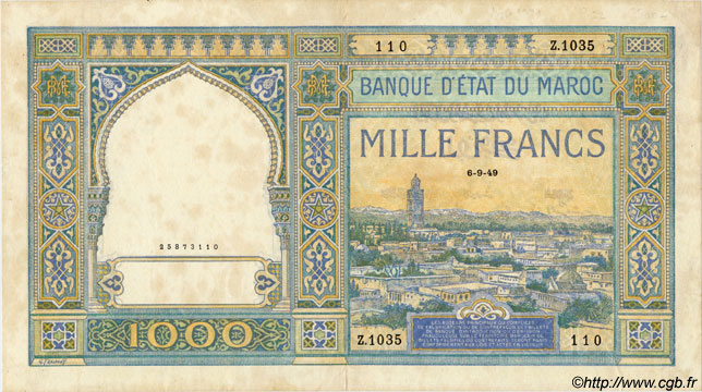 1000 Francs MOROCCO  1949 P.16c VF+
