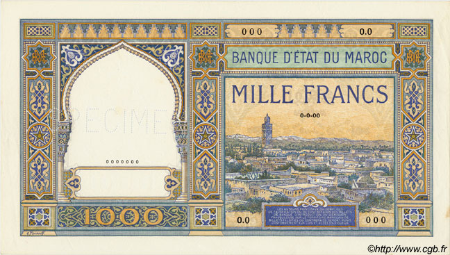 1000 Francs MAROCCO  1921 P.16s q.FDC