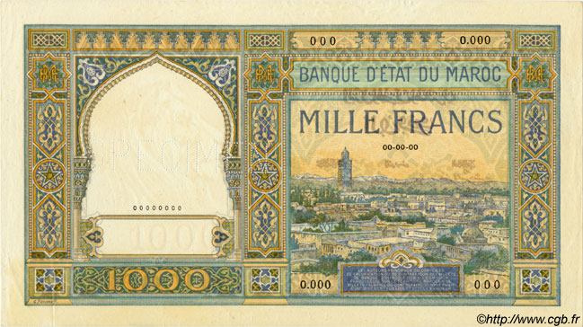 1000 Francs MAROKKO  1921 P.16s fST