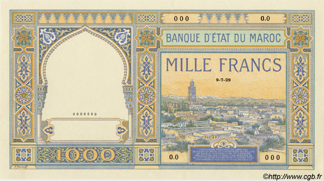 1000 Francs MARUECOS  1929 P.16 FDC