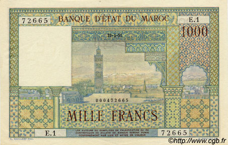 1000 Francs MAROCCO  1951 P.47 q.FDC