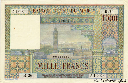 1000 Francs MAROKKO  1956 P.47 VZ+ to fST