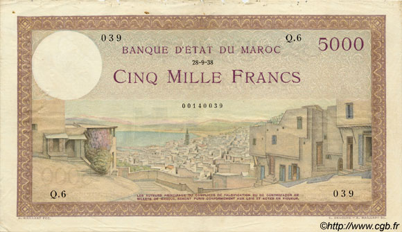 5000 Francs MOROCCO  1938 P.23a VF