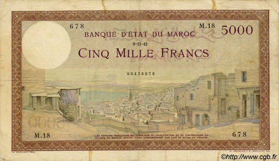 5000 Francs MAROCCO  1942 P.23b q.BB