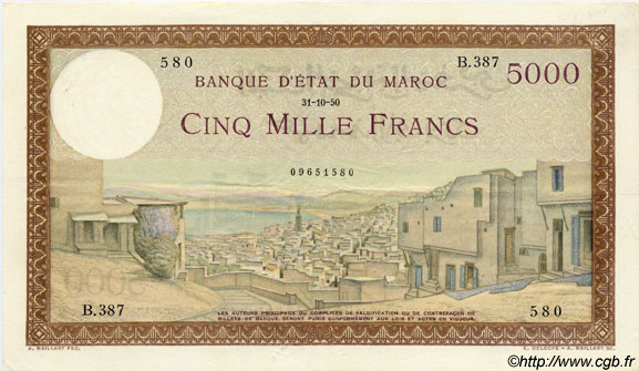 5000 Francs MAROKKO  1950 P.23c VZ