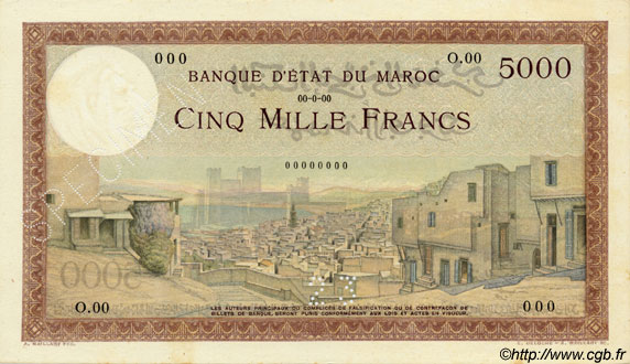 5000 Francs MAROKKO  1937 P.23s fST+