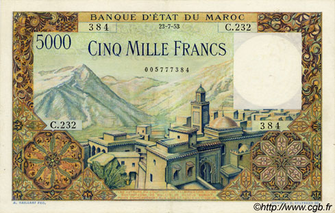 5000 Francs MOROCCO  1953 P.49 XF