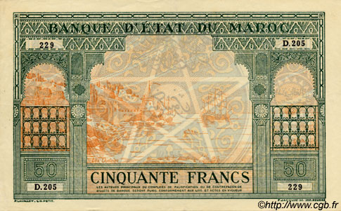 50 Francs MAROKKO  1943 P.40 VZ+