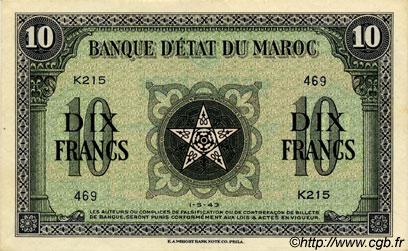 10 Francs MAROCCO  1943 P.25 SPL a AU