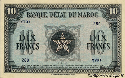 10 Francs MAROCCO  1944 P.25 AU