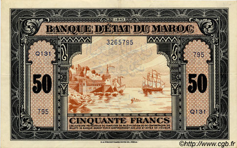 50 Francs MAROKKO  1943 P.26 fVZ