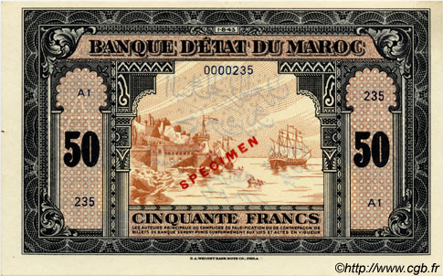 50 Francs MAROKKO  1943 P.26s fST+