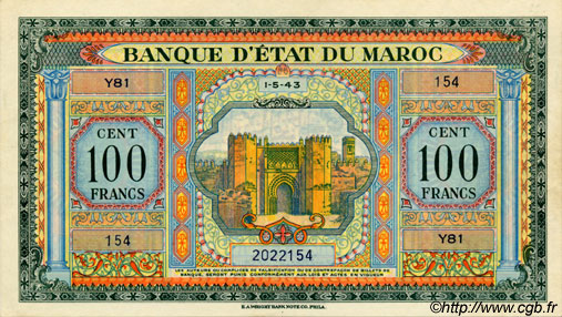 100 Francs MAROKKO  1943 P.27 fST+