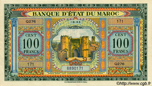 100 Francs MAROCCO  1943 P.27 SPL a AU