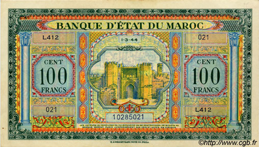 100 Francs MAROKKO  1944 P.27 fST