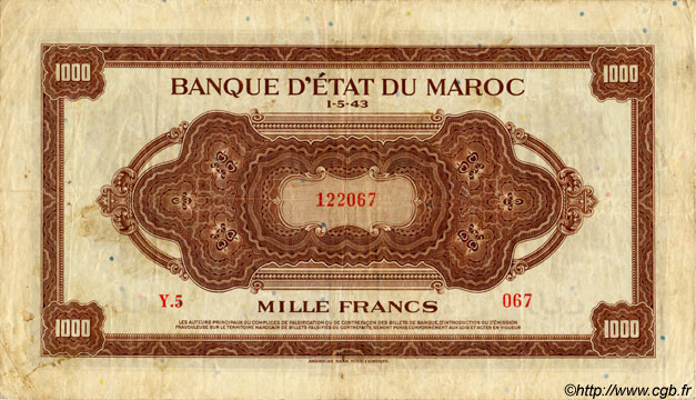 1000 Francs MAROCCO  1943 P.28 BB