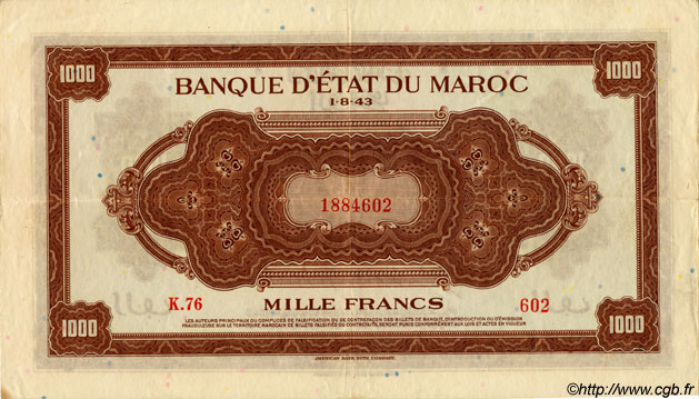 1000 Francs MOROCCO  1943 P.28 VF+
