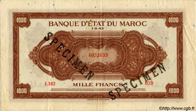 1000 Francs MOROCCO  1943 P.28s VF+