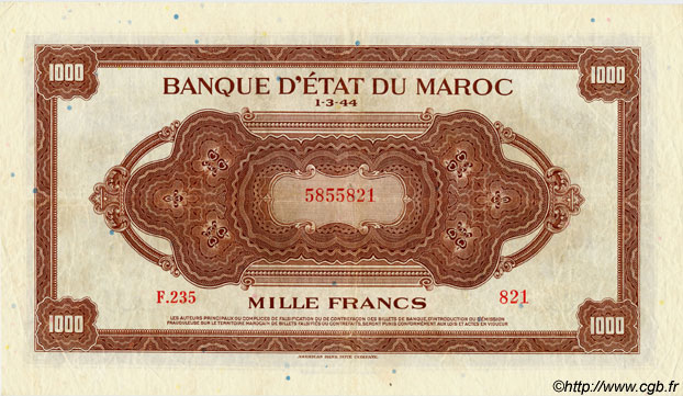 1000 Francs MARUECOS  1944 P.28 MBC+