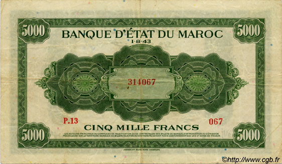 5000 Francs MOROCCO  1943 P.32 VF