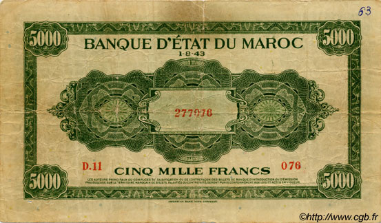 5000 Francs MOROCCO  1943 P.32x F - VF