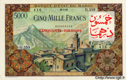 50 Dirhams sur 5000 Francs MARUECOS  1953 P.51 EBC