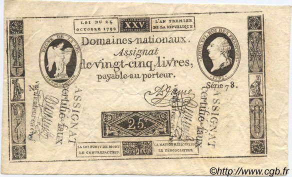 25 Livres FRANCE  1792 Laf.147 XF+