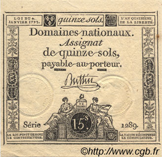 15 Sols  FRANCE  1792 Laf.149 UNC-