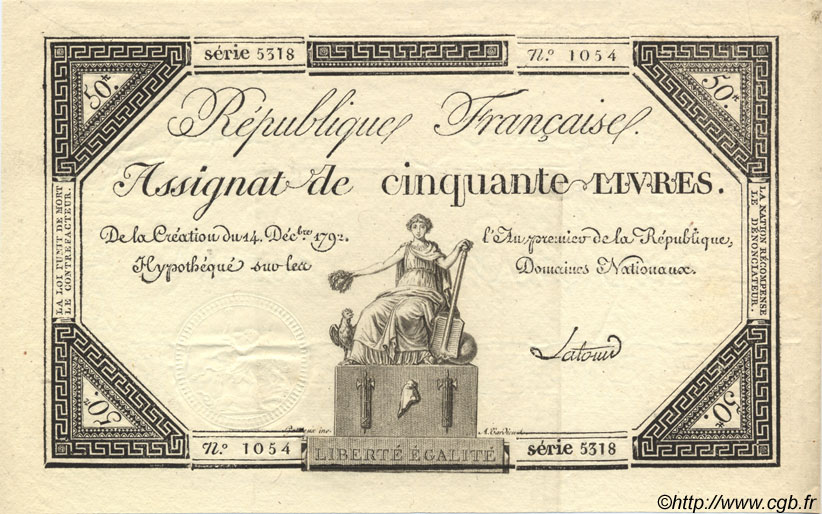 50 Livres FRANCE  1792 Laf.164 SUP à SPL
