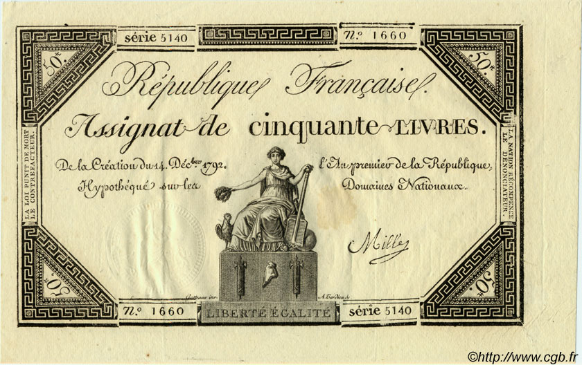 50 Livres FRANCE  1792 Laf.164 AU
