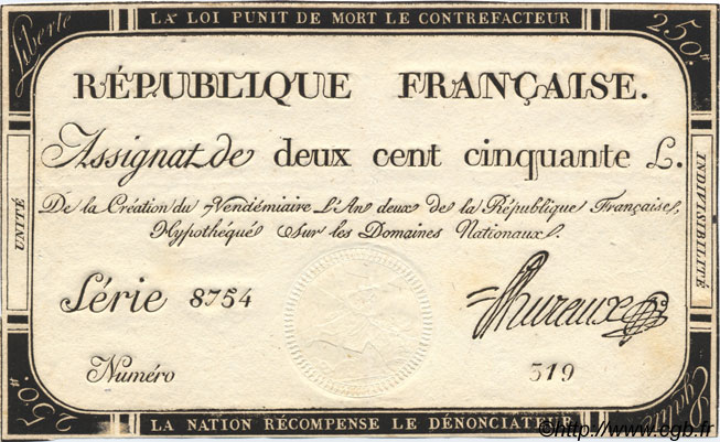 250 Livres FRANCE  1793 Laf.170 XF