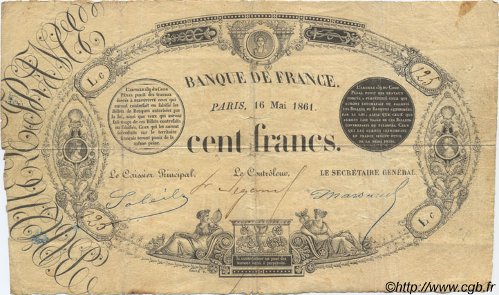 100 Francs 1848 définitif à l italique FRANKREICH  1861 F.A26.01 fSS