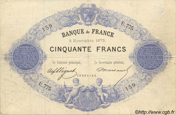 50 Francs 1868, INDICES NOIRS FRANCIA  1875 F.A38.09 q.BB