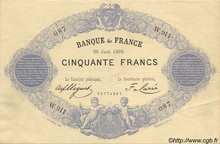 50 Francs 1868, INDICES NOIRS FRANCE  1882 F.A38.12 XF