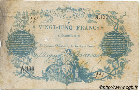 25 Francs type 1870 Clermont-Ferrand FRANKREICH  1870 F.A44.01 S