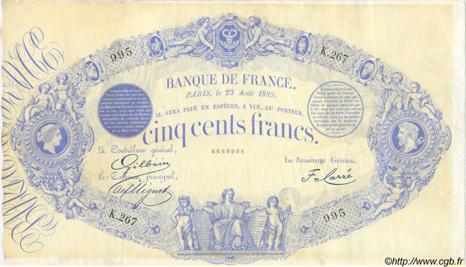 500 Francs 1863, INDICES NOIRS modifié FRANCE  1883 F.A49.02 VF