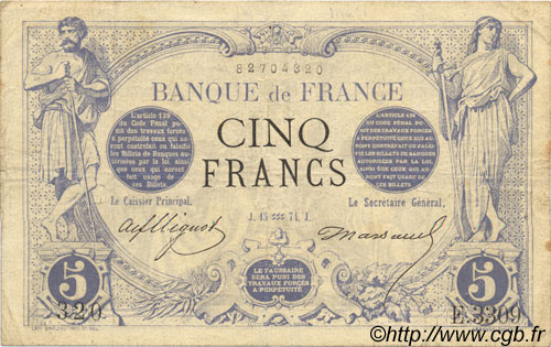 5 Francs NOIR FRANCIA  1874 F.01.25 BC+