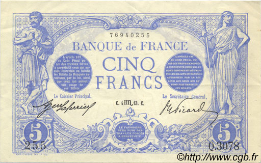 5 Francs BLEU FRANCIA  1913 F.02.21 EBC