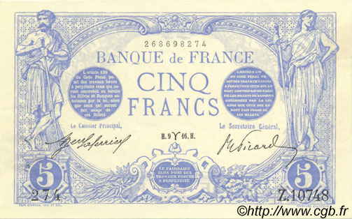 5 Francs BLEU FRANKREICH  1916 F.02.37 VZ