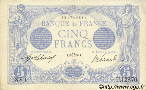 5 Francs BLEU lion inversé FRANCE  1916 F.02bis.04 XF+